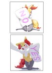 anthro blush braixen breasts canid canine dipstick_tail embarrassed female fur generation_6_pokemon gudlmok99 hi_res holding_object holding_pillow inner_ear_fluff kneeling looking_away mammal markings meme nintendo no_pillow pillow pokemon pokemon_(species) reaching_towards_viewer red_body red_fur small_breasts solo tail tail_markings tuft yellow_body yellow_fur yes-no_pillow yes_pillow