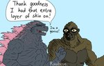 disgusted_face disturbed duo english_text eyes_closed feral fur glowing godzilla godzilla_(series) hi_res king_kong male mammal monsterverse primate ruubeszdraws scales simple_background spikes spikes_(anatomy) text toho