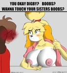 absurd_res ambiguous_gender animal_crossing anthro big_breasts blushing_profusely boobs?_wanna_touch_boobs? breasts brother_(lore) brother_and_sister_(lore) canid canine clothed clothing digby_(animal_crossing) duo english_text female female_focus flashing flashing_breasts hi_res huge_breasts implied_incest incest_(lore) isabelle_(animal_crossing) looking_at_breasts male_(lore) mammal meme nintendo nipples no_underwear open_clothing open_shirt open_topwear shirt sibling_(lore) sister_(lore) solo_focus text topwear twincest_(lore) twins_(lore) vexxyvex