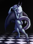 absurd_res anthro bodily_fluids butt cum dragon erection flexing floor folded_wings genital_fluids genitals green_body green_scales hair hi_res horn kaejaris long_hair male mythological_creature mythological_scalie mythology nude penis pose precum rear_view scales scalie smile smiling_at_viewer smirk smirking_at_viewer smug_face snakemutt solo standing tail tile tile_floor whiskers white_hair wings yellow_eyes