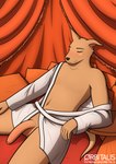 anthro balls bathrobe big_penis canid canine canis clothed clothing curtains domestic_dog eyebrows eyes_closed flaccid foreskin fur furniture genitals glitter hi_res humanoid_genitalia humanoid_penis ineffective_clothing leaning leaning_backward long_penis male mammal navel one_ear_up orange_background orbitalis penis pillow robe robe_only shopee shopito_(shopee) simple_background smile table tan_body text url warm_colors white_clothing