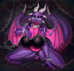 activision anthro big_breasts blue_eyes bound breasts camel_toe chain chained cleavage clothed clothing collar completealienation cynder dragon female hi_res huge_breasts membrane_(anatomy) membranous_wings mythological_creature mythological_scalie mythology non-mammal_breasts panties purple_body scalie shackled solo spiked_collar spikes spread_legs spreading spyro_the_dragon text underwear url wings