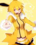 4:5 alternate_species animal_humanoid blonde_hair clothed clothing eeveelution female generation_1_pokemon hair hi_res humanoid humanoidized jolteon mammal nintendo pokemon pokemon_(species) solo takeshima_(nia)