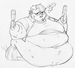 ?! anthro arm_rolls belly belly_rolls big_belly black_and_white blush bodily_fluids canid canine canis chubby_cheeks clothed clothing corndog dialogue domestic_dog double_chin embarrassed english_text eyewear fat_rolls flying_sweatdrops food fur glasses hair hi_res holding_corndog holding_food holding_object love_handles male mammal monochrome moobs navel obese obese_anthro obese_male open_mouth overweight overweight_anthro overweight_male polygonal_speech_bubble solo speech_bubble surprise sweat sweatdrop text tututumy