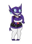 anthro big_breasts bottomwear breasts clothing collar female gem generation_3_pokemon jewelry legwear nintendo overalls piercing pokeball pokemon pokemon_(species) purple_eyes sableye sharp_teeth shirt simple_background skirt smile solo stockings teeth topwear urusee584 white_background