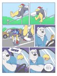 3:4 annoyed anthro avian backwards_baseball_cap backwards_hat baseball_cap beak bear bird blue_hair briefs butt clothed clothing cock_and_ball_torture comic curt_(rainyatsu) duo english_text genital_torture hair hat headgear headwear hi_res male mammal open_mouth pecs polar_bear profanity rain-yatsu red_clothing red_hat red_headwear skeletor smile text tighty_whities toony topwear trans_(lore) trans_man_(lore) underwear underwear_only ursine white_briefs white_clothing white_underwear