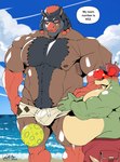 2023 anthro anthro_on_anthro appletun ball beach beard belly belly_overhang big_belly big_bulge blush body_hair bottomwear brown_body bulge chest_hair clothed clothing colored comic daddyfication deadanthro detailed_background dialogue digital_media_(artwork) dragon dropping_object duo elemental_creature english_text equid exposed_belly facial_hair flirting floppy_ears flora_fauna generation_7_pokemon generation_8_pokemon green_body happy_trail hat hat_over_eyes headgear headwear hi_res inviting larger_male looking_at_another macoun_(deadanthro) male male/male mammal mature_male mudsdale musclegut muscular muscular_anthro muscular_male mythological_creature mythological_scalie mythology nintendo nipples obscured_eyes outside overweight overweight_anthro overweight_male partially_clothed pecs plant pokemon pokemon_(species) pubes scalie seaside shaded size_difference smaller_male swimming_trunks swimwear text thick_thighs tight_bottomwear tight_clothing topless tucker_(deadanthro) water