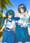 2023 absurd_res accessory beach big_breasts blue_hair blurred_background blush breasts clothing confusion daughter_(lore) digital_drawing_(artwork) digital_media_(artwork) dress duo eyebrows female freckles front_view gem generation_7_pokemon glistening glistening_body glistening_hair hair hair_accessory hand_on_head hi_res human lana's_mother lana_(pokemon) legwear long_hair mammal marine mother_(lore) mother_and_child_(lore) mother_and_daughter_(lore) nintendo not_furry open_mouth palm_tree parent_(lore) parent_and_child_(lore) parent_and_daughter_(lore) pearl_(gem) pinniped plant pokemon pokemon_(species) primarina pupils sea seaside shirt short_hair simple_background sky standing topwear transformation tree water white_body white_pupils white_skin yeamurumi