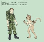 2012 anthro anymouse1968 army_uniform brown_body brown_eyes brown_fur brown_hair brown_lips claws dark_nipples digital_media_(artwork) duo english_text felid female flexible_survival fur hair hammer human light_body light_skin lion lips long_tail male mammal military pantherine simple_background soldier story story_in_description tail text tools warrior