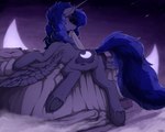 2021 5:4 blackfury blue_hair cosmic_hair cutie_mark detailed_background digital_media_(artwork) equid equine ethereal_hair feathered_wings feathers female feral friendship_is_magic hair hasbro hi_res hooves horn mammal my_little_pony mythological_creature mythological_equine mythology night outside princess_luna_(mlp) sky solo star starry_sky winged_unicorn wings