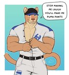 absurd_res anthro baseball_bat baseball_cap bat_(object) big_muscles blue_background blue_eyes blush clothed clothing cougar dialogue english_text felid feline hat headgear headwear hi_res looking_at_viewer male mammal mexican_pacific_league muscular nidraw simple_background solo speech_bubble text undressing white_background yaco_puma yaquis_de_obregon