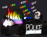 5:4 american_opossum black_markings brick burning car feral fur grey_body grey_fur lgbt_pride male mammal markings marsupial motor_vehicle multicolored_text police police_car police_vehicle politics possumgod pride_color_text pride_colors progress_pride_colors protest rainbow_pride_colors red_eyes ryder_the_pirate_(possumgod) solo text vehicle white_body