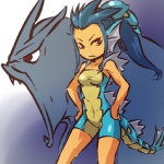 1:1 blue_hair clothed clothing cosplay duo female feral frown generation_1_pokemon gyarados hair hand_on_hip hitec human long_hair looking_at_viewer mammal nintendo pokemon pokemon_(species) red_eyes standing swimwear tail