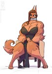 2022 anthro big_breasts big_muscles breasts brown_body brown_eyes brown_fur brown_hair canid canine chair choker cleavage clothed clothing conditional_dnp female fur furniture hair huge_breasts huge_muscles hyper hyper_muscles jewelry jollyjack mammal muscular muscular_anthro muscular_arms muscular_female mythological_canine mythological_creature mythology necklace pecs pecs_with_breasts sitting slit_dress solo tail were werecanid werecanine werewolf