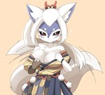 anthro asian_clothing bare_shoulders big_breasts black_sclera blue_body blue_fur breasts canid canine canis cleavage clothed clothing east_asian_clothing female fur hair hakuro_(onmyoji) inner_ear_fluff japanese_clothing kimono lets0020 looking_at_viewer mammal onmyoji solo tail tuft undressing white_body white_fur white_hair white_tail wolf yagasuri