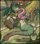 2018 after_transformation alternate_species anus belt bird_wyvern breasts busty_feral capcom clothed clothing dialogue digital_media_(artwork) dragon english_text european_mythology eyewear feathers female feral fire food forest forked_tongue genitals goggles green_body green_scales green_tail half-closed_eyes hi_res jungle long_tongue monster_hunter mythological_creature mythological_scalie mythology narrowed_eyes nexivian non-mammal_breasts open_mouth open_smile plant pukei-pukei pupils pussy scales scalie slit_pupils smile solo spreading tail tent text the_handler_(monster_hunter) thick_tail tongue tongue_out transformation tree western_dragon wings wyvern