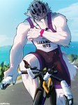 2024 3:4 anthro armor athletic athletic_anthro athletic_male bicycle bicycle_helmet bodily_fluids borzoi bulge canid canine canis clothed clothed_anthro clothed_male clothing day domestic_dog fur headgear helmet hi_res hunting_dog long_boi_(nomifuki) male mammal nomifuki outside sighthound solo sweat tight_clothing vehicle white_body white_fur