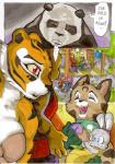 2014 anthro bear better_late_than_never bra chinese_mountain_cat clothing comic daigaijin dialogue domestic_pig dreamworks english_text felid feline felis female flashback fur giant_panda group happy kung_fu_panda lagomorph leporid male mammal master_po_ping master_tigress multicolored_body multicolored_fur painting_(artwork) pantherine rabbit smile speech_bubble student_mei_ling suid suina sus_(pig) text tiger traditional_media_(artwork) underwear watercolor_(artwork)