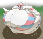 anthro belly big_belly big_breasts bottomwear breasts cleavage clothed clothing eeveelution female generation_6_pokemon grinex hair huge_belly huge_breasts huge_thighs hyper hyper_belly hyper_breasts hyper_thighs nintendo pink_hair pokemon pokemon_(species) skirt sylveon thick_thighs torn_clothing white_body