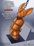 anthro bdsm big_ears bondage bound brown_collar brown_strap bulge chain collar gag hi_res lagomorph latex leporid male mammal nose_hooks orange_latex prison prisoner rabbit sleepsack storage straps stripedcrocodile suspension