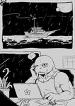 absurd_res anthro boat catfish clothing comic eyewear fish glasses hi_res male marine muscular muscular_anthro muscular_male nipples overalls raining sailing sea slugsdog solo storm vehicle water watercraft