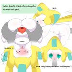 1:1 absurd_res anthro anus blush bodily_fluids butt clitoris cum cum_in_mouth cum_inside cum_string disembodied_hand disembodied_penis duo english_text female female_focus francat generation_3_pokemon genital_fluids genitals greeting hi_res jirachi legendary_pokemon male male/female nintendo open_mouth oral penetration penile penile_penetration penis penis_in_pussy pokemon pokemon_(species) pussy sex solo_focus spread_legs spread_pussy spreading sweat tanabata text text_box translucent translucent_penis urethra vaginal vaginal_penetration y_anus