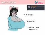 anthro big_breasts blush breasts chinchilla chinchillid cleavage clothed clothing dialogue digital_media_(artwork) embarrassed english_text eyewear female glasses hair hi_res huge_breasts hyper hyper_breasts looking_aside mammal nipple_outline priscilla_(psychotic_walrus) psychoticwalrus rodent smile solo text topwear