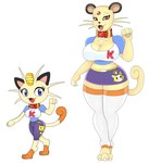 anthro big_breasts blue_eyes bottomwear breasts claws clothing coin collar duo fangs feet female generation_1_pokemon hi_res meowth nintendo pants paws persian_(pokemon) pokeball pokeball_collar pokemon pokemon_(species) red_eyes shirt simple_background skirt tail teeth toes topwear urusee584 whiskers white_background white_body