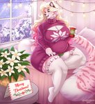 2020 anthro beverage big_breasts blonde_hair blue_eyes breasts christmas cleavage cleavage_cutout clothed clothing curvy_figure cutout digital_media_(artwork) english_text felid female fingers flower fur hair hand_on_leg hand_on_thigh hi_res highlights_(coloring) holidays huge_breasts inside legwear long_hair mammal marzipan_(spottedtigress) open_mouth overweight overweight_anthro overweight_female pantherine panties pink_body pink_fur pink_highlights plant shaded signature sitting snow solo stockings striped_body striped_fur stripes sweater text thick_thighs thigh_highs tiger tiggybloom topwear underwear voluptuous window