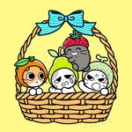 amayakasuneko ambiguous_gender basket bodily_fluids clothing container domestic_cat felid feline felis feral group hat headgear headwear mammal mojacookie nagameruneko official_art shikaruneko shikaruneko_(series) simple_background tears ureuneko yellow_background