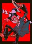 absurd_res anthro blitzo_(helluva_boss) character_name clothed clothing demon enaic31 helluva_boss hi_res imp male sharp_teeth solo spade_tail tail teeth text_in_background