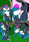 anthro assisted_exposure binky_bunny_(rutwell) black_hair blue_body blue_fur bottomwear breasts buckteeth clothing comic duo erection_under_loincloth eyes_closed female forest fur hair jewelry kissing kthanid_(artist) lagomorph leporid loincloth male male/female mammal necklace nipples outside plant pooka_(folklore) purple_hair rabbit red_eyes rutwell_forest scut_tail short_tail shrub stormdancer_(rutwell) tail teeth tree wet wet_body wet_fur