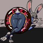 anthro causticutie clothing disney feet female fur grey_body grey_fur judy_hopps judy_stuck_in_donut_redraw lagomorph leporid mammal outside pink_inner_ear pink_nose police police_officer police_uniform purple_eyes rabbit short_tail solo street stuck tail uniform zootopia