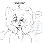 1:1 anthro blush comic dialogue digital_media_(artwork) english_text felid fur hair hi_res kawattame looking_down male mammal merchant_lylo_(kawattame) monochrome open_mouth pantherine realization simple_background snow_leopard solo speech_bubble text thought_bubble