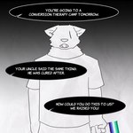 1:1 2024 anthro athletic athletic_anthro athletic_male biped canid canine canis clothing english_text eye_scar facial_scar fenrirwolfen fur hi_res lgbt_pride male mammal pride_colors scar shirt solo speech_bubble standing text topwear vincian_pride_colors white_body white_fur wolf