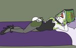 ambiguous_gender anklet anthro bed bedding blanket book bracelet bunny_costume byte_fantail_(character) canid canine canis clothing collar comedy_central costume domestic_dog english_text footwear fur furniture futurama green_body green_fur hand_on_hip hi_res high_heels husky jewelry legband mammal nordic_sled_dog open_mouth pillow pink_nose shoes sillydraco simple_background sleeping solo spiked_anklet spiked_bracelet spiked_collar spiked_legband spikes spitz text white_body white_fur