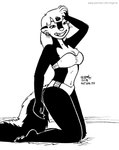 2018 anthro bikini black_and_white breasts clothed clothing ear_piercing ear_ring female fur grin hair kelly_o'dor kneeling mammal mephitid monochrome navel piercing pinup pose ring_piercing skunk smile solo striped_skunk swimwear tegerio two-piece_swimsuit whiskers zandar's_saga