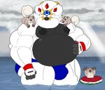 2021 4_fingers anthro anthrofied belly big_belly big_bulge big_nipples biped black_body black_countershading black_nipples blue_eyes brown_body brown_fur bulge cloud countershading detailed_bulge eyes_closed fingers fur generation_7_pokemon genital_outline group hand_on_belly huge_belly huge_bulge huge_muscle legendary_pokemon looking_at_another male male_anthro mane mc_morrales musclegut muscular nintendo nipples open_mouth partially_submerged penis_outline pokemon pokemon_(species) raining raised_arms rockruff sea sitting sitting_on_another size_difference smile soleo_the_solgaleo solgaleo storm water white_body white_fur