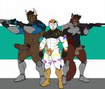 abs anthro balls bovid bovine canid canine canis cattle erection felid feline feran_blackridge fox genitals group gun horn humanoid_genitalia humanoid_penis hunterramirez male male/male mammal muscular nipples pantherine penis pubes ranged_weapon smile star_trek tiger trio weapon wolf xi_silverwind