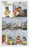 2023 anthro asinus bottomwear brown_body car clothing coat comic detailed_background dialogue donkey duo english_text equid equine guayodraws hi_res horse julio_(julio_&_poncho) male mammal outside pants plant poncho_(julio_&_poncho) raincoat raining shirt shorts text topwear tractor tree vehicle wet