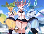 2021 anthro anthrofied big_breasts blue_eyes blush bodily_fluids bottomwear breasts burgerkiss camel_toe canid canine cleavage clothed clothing cloud conditional_dnp day detailed_background dialogue digital_media_(artwork) eevee eeveelution english_text explicitly_stated_consent expression_avatar female fence generation_1_pokemon generation_4_pokemon generation_6_pokemon glaceon group hi_res impregnation_request knee_highs laugh leafeon legwear licking licking_lips looking_at_viewer mammal microskirt miniskirt nintendo nipple_outline outside panties pokemon pokemon_(species) pokemorph red_eyes school_uniform shaded shy skirt sky standing stockings sweat sylveon tail_under_skirt text thick_thighs thigh_gap thigh_highs thong tongue tongue_out trio_focus underwear uniform vee_(burgerkiss) wide_hipped_anthro wide_hipped_female wide_hips