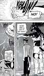 angry anthro breasts canid canine canis clothed clothing comic cracked_windows daigaijin dialogue domestic_cat domestic_dog duo ellipsis english_text eyewear felid feline felis female freydar_(furryfight_chronicles) fur furryfight_chronicles glasses hair hi_res male mammal monochrome shun_gonfano text