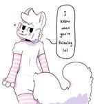 anthro biped blep blush blush_lines boy_kisser_(meme) butt clothing collar cordy_fox dialogue domestic_cat english_text felid feline felis fur hair heart_symbol hi_res legwear male mammal meme pink_clothing silly_cat_(mauzymice) solo speech_bubble stockings tail text tongue tongue_out