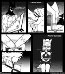 2017 anthro arms_tied ball_gag blockage_(layout) bodily_fluids bottomwear bound breasts canid canine chair clothing comic dragon duo english_text female fox furniture gag hair hi_res horizontal_staggering if_hell_had_a_taste knife legs_tied male mammal monochrome muscular muscular_anthro muscular_male mythological_creature mythological_scalie mythology pants ponytail rope saliva scales scalie scar shirt sitting six_frame_image skylar_fidchell staggering_(layout) text tiffany_brewwer topwear vertical_blockage viroveteruscy