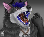 ailurid aliena-cordis anthro anthro_pred belly big_belly blue_mouth bodily_fluids canid canine canis claws demon demonic demonic_eyes dire_wolf dripping fangs forced fur glistening glowing_insides grey_body grey_fur hi_res horn imminent_vore in_mouth jewelry larger_male larger_pred male male_pred male_prey mammal medallion mouth_shot myth_(mythdawuff) necklace occult_symbol open_mouth oral_vore pentagram prehistoric_species pupils red_eyes red_panda saliva saliva_on_tongue saliva_string scared size_difference smile struggling struggling_prey symbol teeth throat tongue tongue_out unwilling_prey vore wolf wolf_demon worried_face worried_look