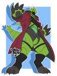 3_toes 4_fingers anthro blue_eyes claws clothed clothing feet fingers future_pokemon generation_9_pokemon green_body iron_thorns male nintendo paradox_pokemon paws pokemon pokemon_(species) red_clothing simple_background solo suit tail tattoorexy toes