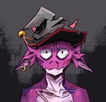 anthro bell blood bodily_fluids bruised bruised_face clothing ear_piercing ears_down eye_bags eyebrows frill_(anatomy) fuzzysmore_(character) grey_background hat head_crest head_frill headgear headwear hi_res horn kobold male multicolored_body nosebleed notched_ear orange_horn piercing pivoted_ears purple_body purple_scales red_eyes scales scalie scar scratches shaded simple_background sleepymuzzle slim_male solo thousand_yard_stare torn_clothing torn_headwear traumatized two_tone_body white_eyebrows witch_hat