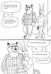 2023 anthro belly bernielover blush bottomwear canid canine clothing comic dialogue disney duo english_text fan_character fox gideon_grey hi_res lagomorph leporid male mammal monochrome nate_hopps overweight overweight_male pants rabbit red_fox shirt tail tail_motion tailwag text topwear true_fox zootopia