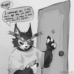 1:1 2024 anthro artist_name black_nose catatex_69 clothing comic demon dialogue digital_media_(artwork) door electronics english_text felid feline greyscale hazbin_hotel hi_res husk_(hazbin_hotel) knocking knocking_on_door looking_at_object looking_at_phone male mammal monochrome phone shirt solo t-shirt text topwear