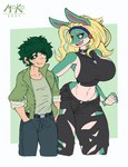 anon_(snoot_game) anthro big_breasts blonde_hair bottomwear breasts canid canine cavemanon_studios choker clothed clothing cosplay crossover duo fang_(gvh) female fox goodbye_volcano_high green_body green_hair hair hi_res human ippan_josei izuku_midoriya jacket jewelry male mammal moko_(artist) my_hero_academia navel necklace pants quirked_human_(my_hero_academia) simple_background size_difference snoot_game topwear torn_bottomwear torn_clothing torn_pants white_background